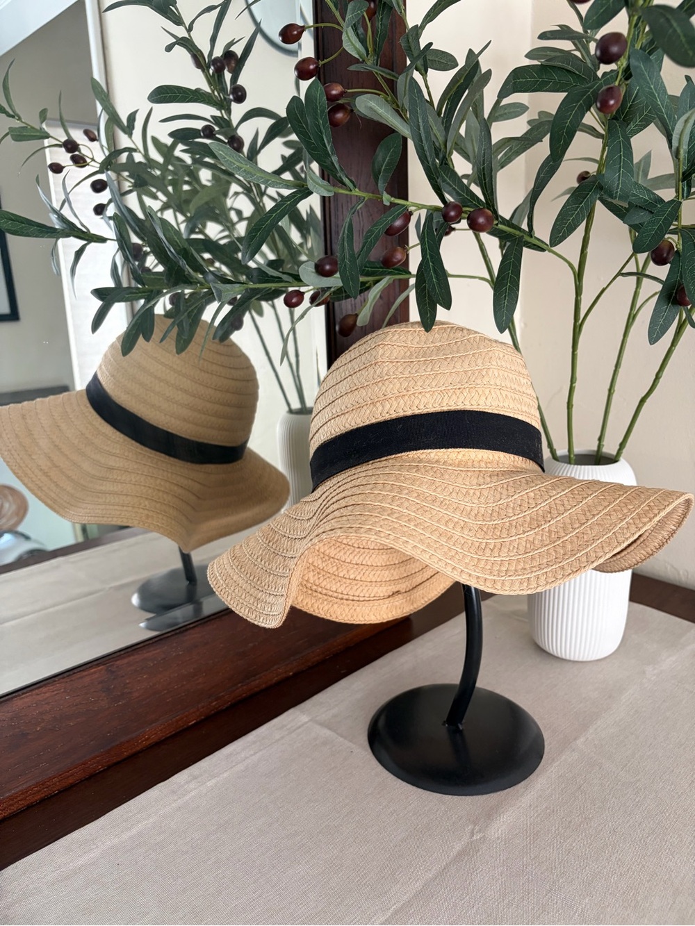 Wide Brim Straw Sun Hat with Black Band